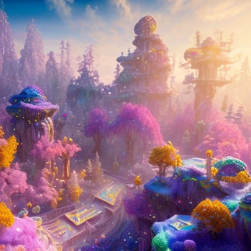 blue gold and violet landscape with multicolored crystals falling from the sky, full of details, smooth, bright sunshine，soft light atmosphere, light effect，vaporwave colorful, concept art, smooth, extremely sharp detail, finely tuned detail, ultra high definition, 8 k, unreal engine 5, ultra sharp focus