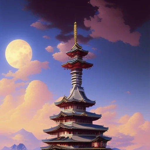 a traditional Japanese quite Torii on a mountain, dark,night , MOON IN SKY, DARK PURPLE SCHEME, by studio ghibli painting, clouds, wide angle , low-angle shot, by Joaquin Sorolla rhads Leyendecker, by Ohara Koson and Thomas Kinkade, traditional Japanese colors, superior quality, masterpiece