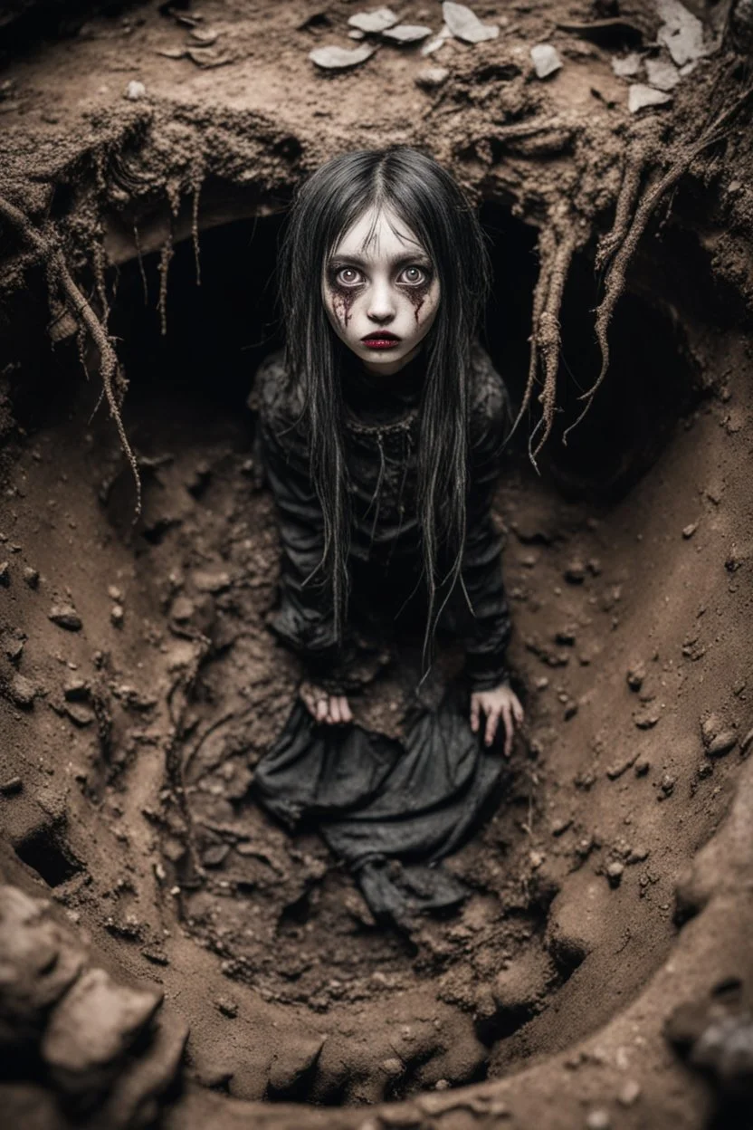 Closeup petit Girl goth with big eyes, fullbody, ragged clothes, extended like roots, the perspective looking up from the bottom of an empty well ,under mud and rats, 8k,macro photography,