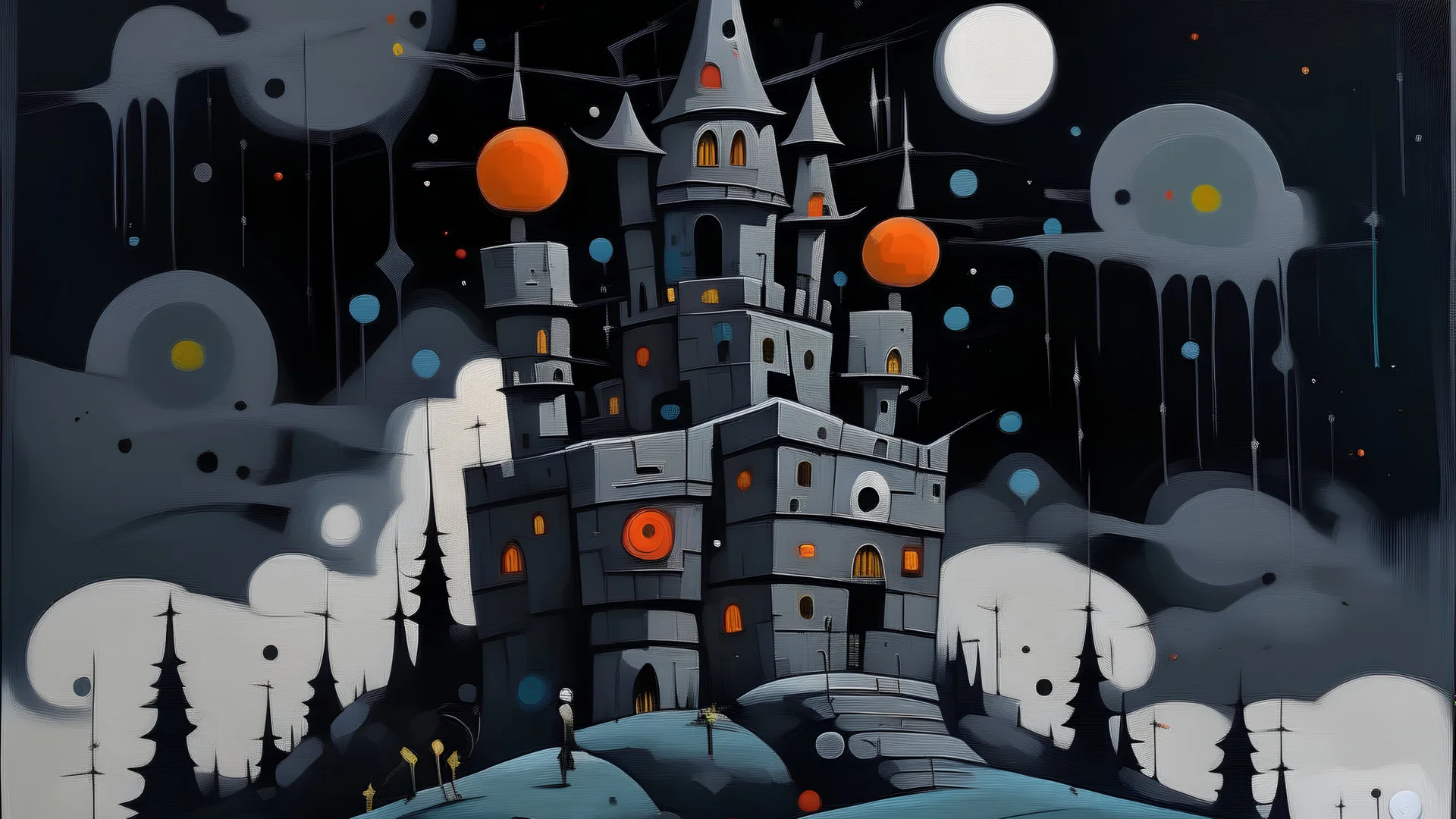 A gray evil looking space castle in a galaxy painted by Stuart Davis