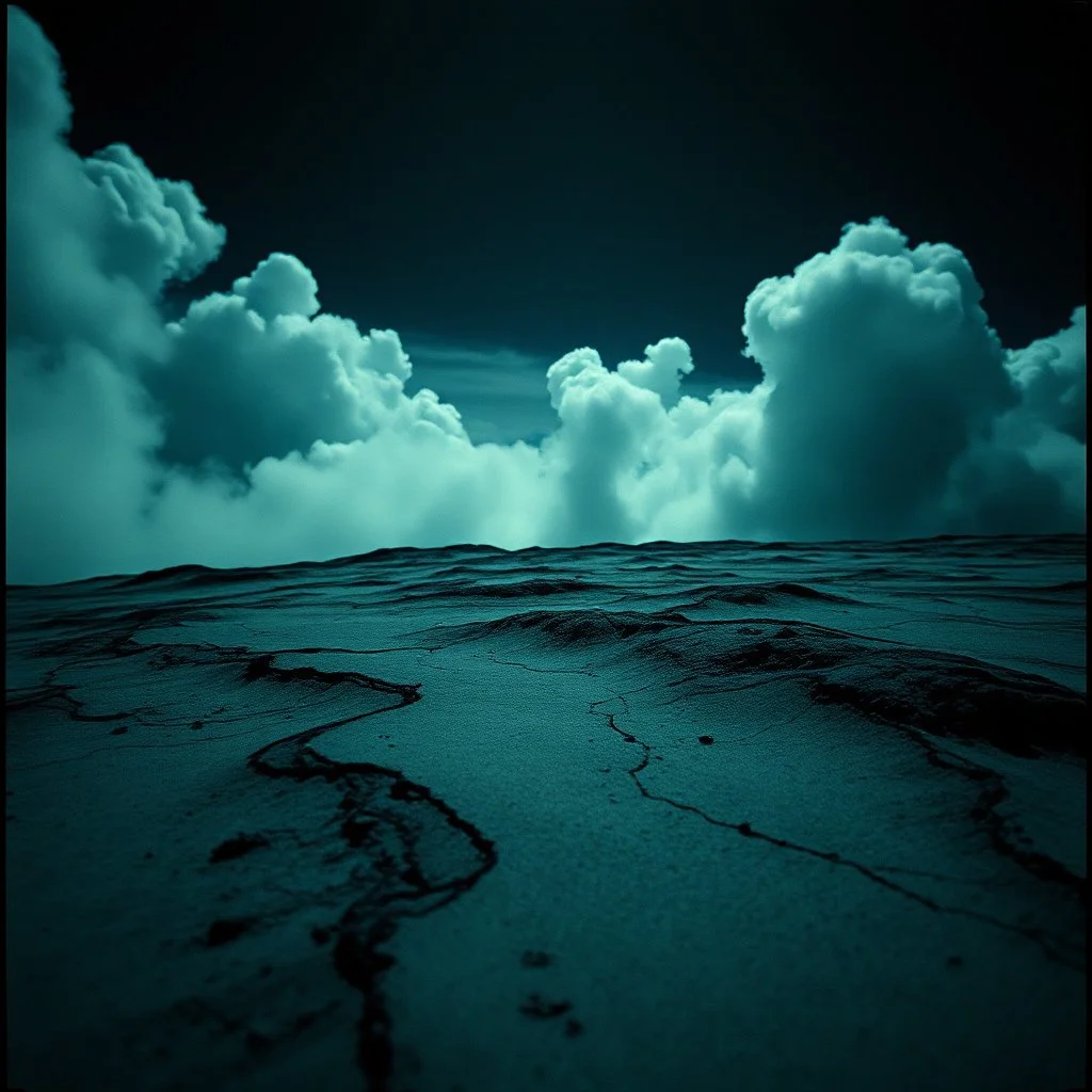 Photograph, a surface, night, nothingness, spooky, close-up, in Yves Tanguy style, clouds, nightmare, highly hypermaximalist, details of the terrain very accentuated, 8k, deep 3d field, sharp, eerily mysterious, artistic photo, large format film, shot on Hasselblad, 33mm photography, mysterious, dark, rotten, macabre, streams