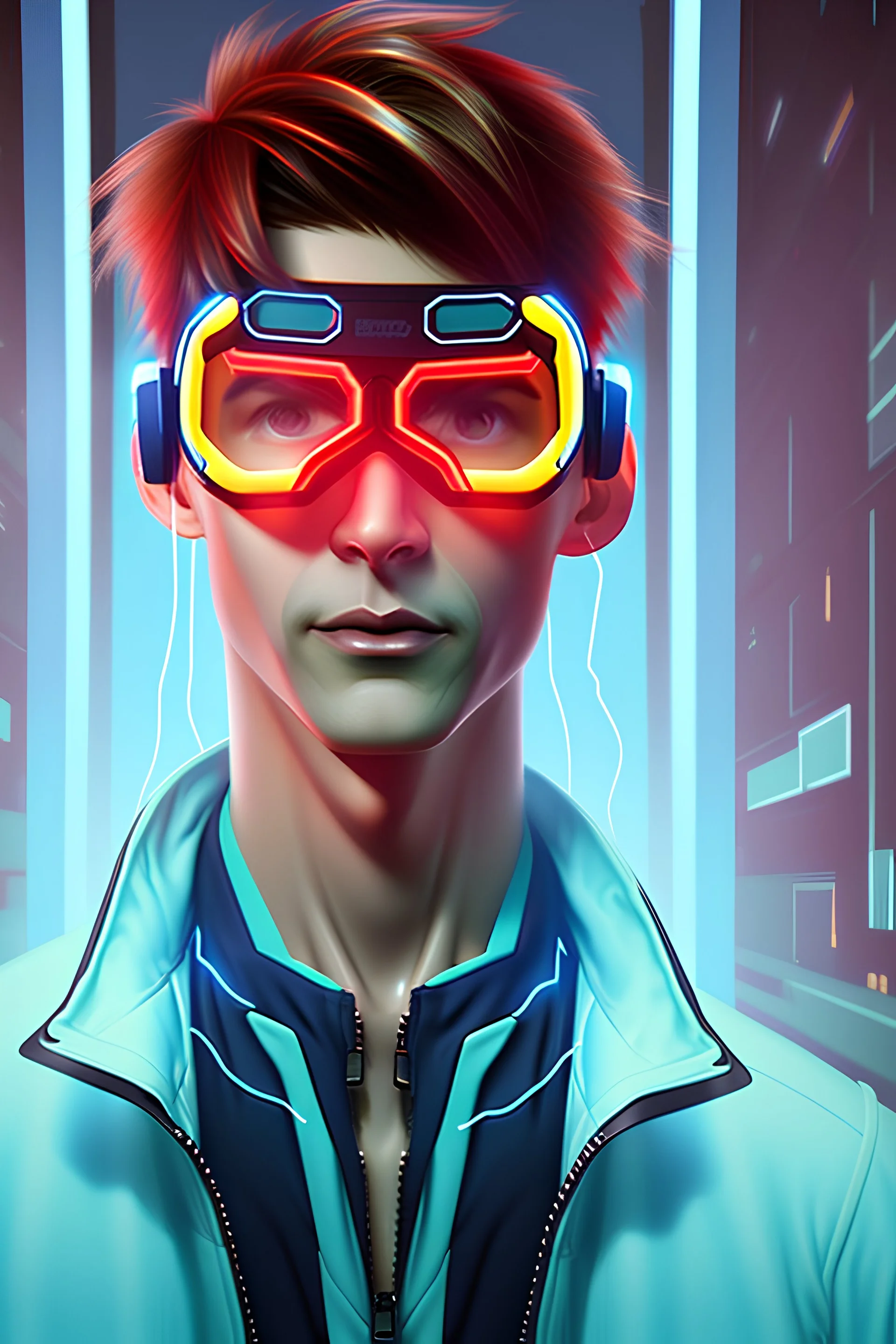 Male Netrunner with blue green red and yellow jacket, virtual reality goggles around his neck, very short dark red hair