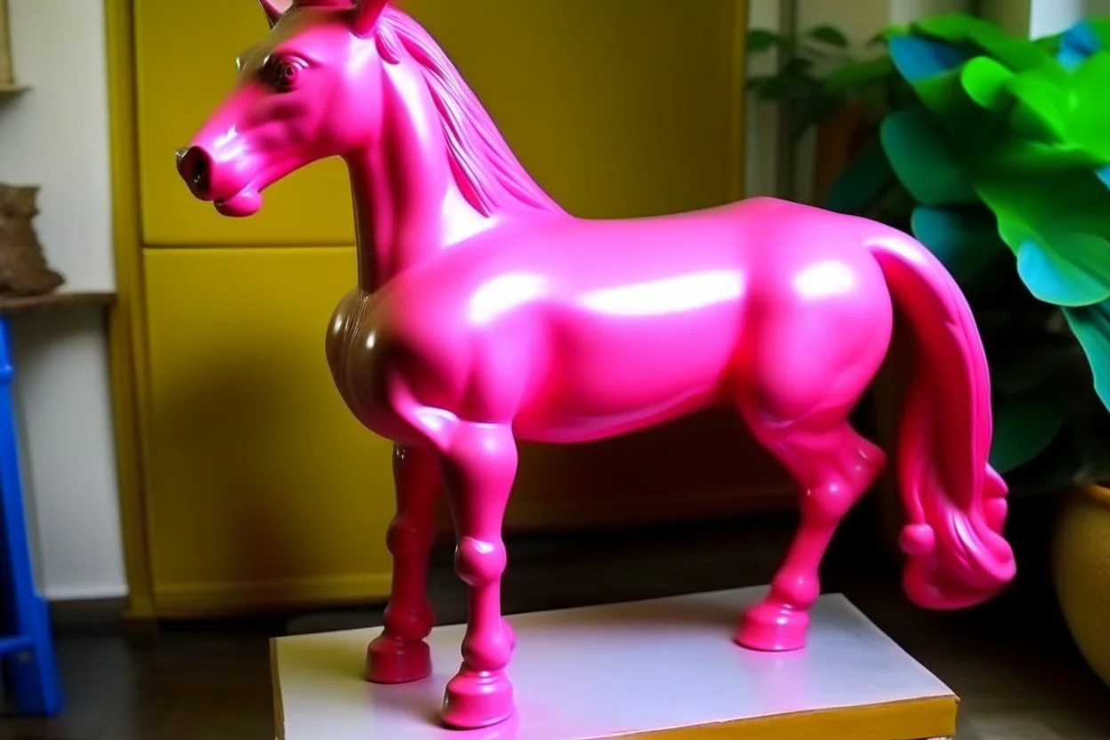 Big pink plastic toy horse.19th painting