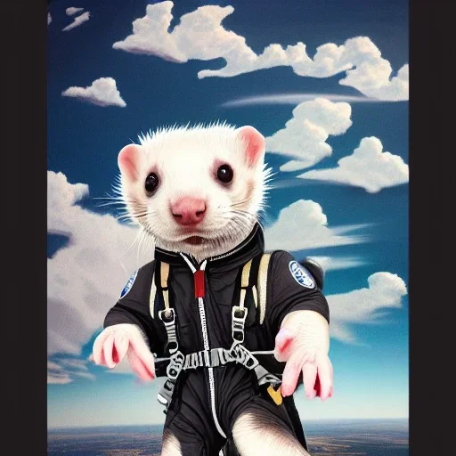 ferret wearing jumpsuit and parachute, skydiving, clouds, plane, intricate, ultra-fine detailed, 8k, ultraHD, high-quality, 3d, realistic, trending on artstation, midjourney style, elaborate, openjourney style,