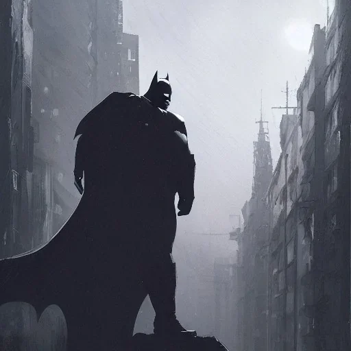 fat batman, dramatic light, cityscape, twilight, dystopian setting, high contrast, painted by greg rutkowski, cinematic