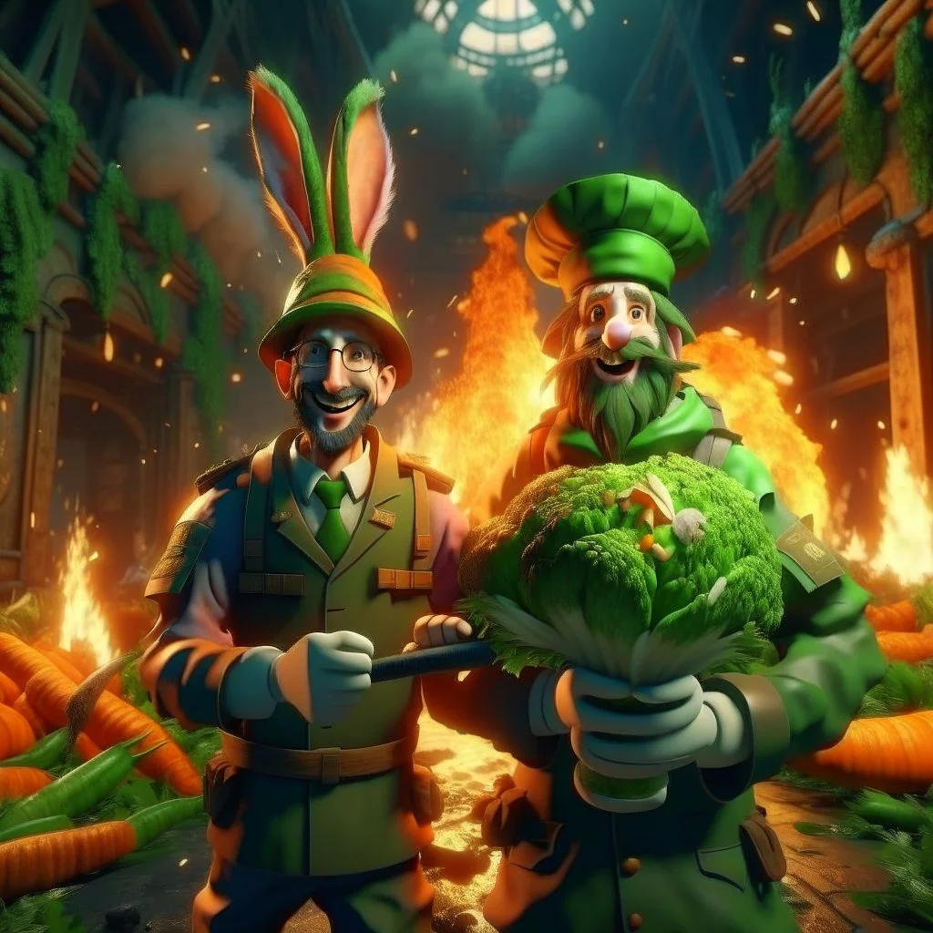 victory portrait of crazy cook and army officer holding huge carrots rockets inside grove with fluffy hare with mutations getting blasted by explosions, 4 k, down-light, soft light, depth of field, photo realism, trending on art station, high detail, spray paint