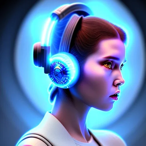 Headphones Christian Boshell cinematic photorealistic futuristic Star Wars princess leia style on glass head, intricate, volumetric lighting, 512K, bold vibrant colors