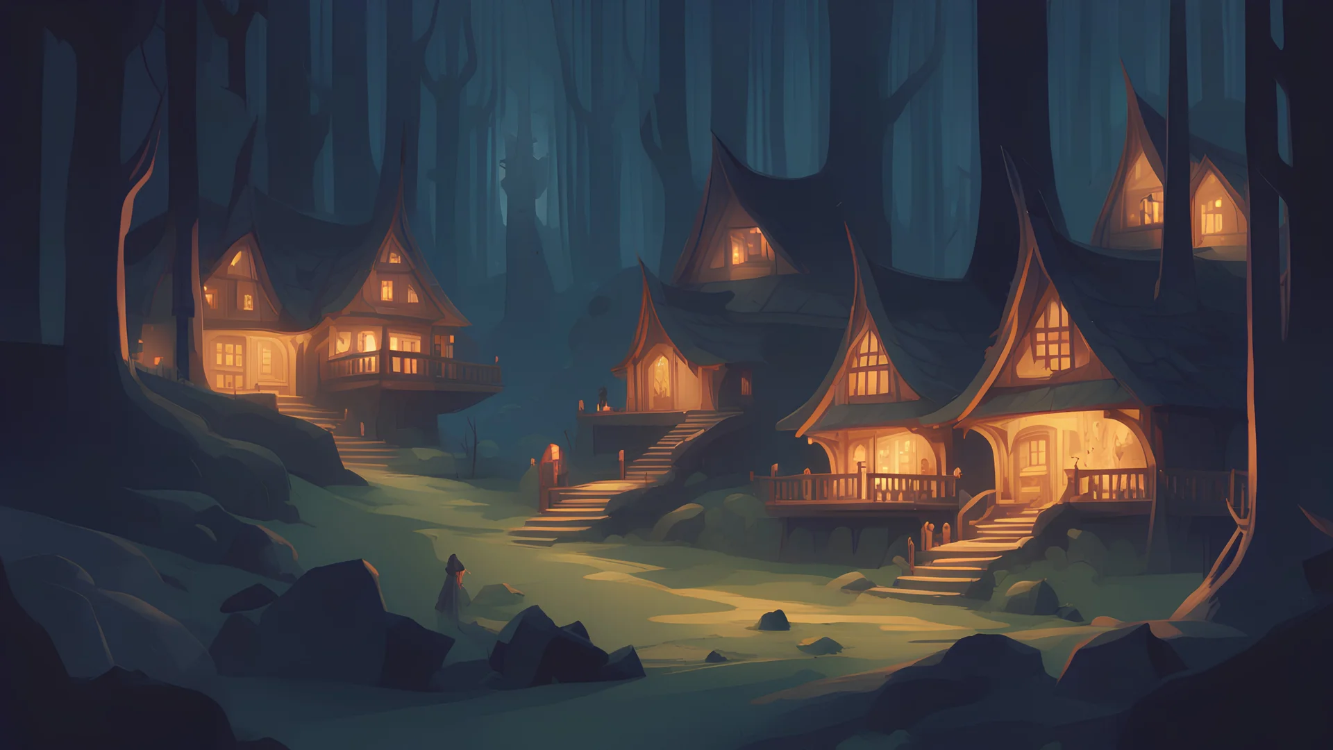 a painting of night view from far on a cozy elf village in dark forest, Rivendell, Middle-Earth, elvish town, Elf Kingdom:: elvish village :: traditional elven architecture, elvish scene painting :: a storybook illustration by James Gilleard, behance contest winner, 2d game art, storybook illustration, rich color palette, spring:1.5 , flowers:1.5 , waterfalls:1.5 , elf:1.8 , elvish:1.8 , elven:1.8 (night):2