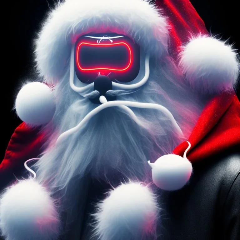 All Black Santa, ghost, wearing high tech mask, white smoke, dark, rage, high definition, ultra 8 k, volumetric lighting, blue fire, fog red rain