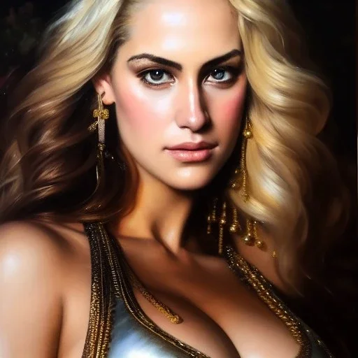 portrait beautiful face 'Paige Spiranac',busty,blonde,ancient metal bikini armor balanciaga fashion clothe painting by gaston bussiere, greg rutkowski, yoji shinkawa, yoshitaka amano, tsutomu nihei, donato giancola, tim hildebrandt, oil on canvas, cinematic composition, extreme detail,fit full head inside picture,16k