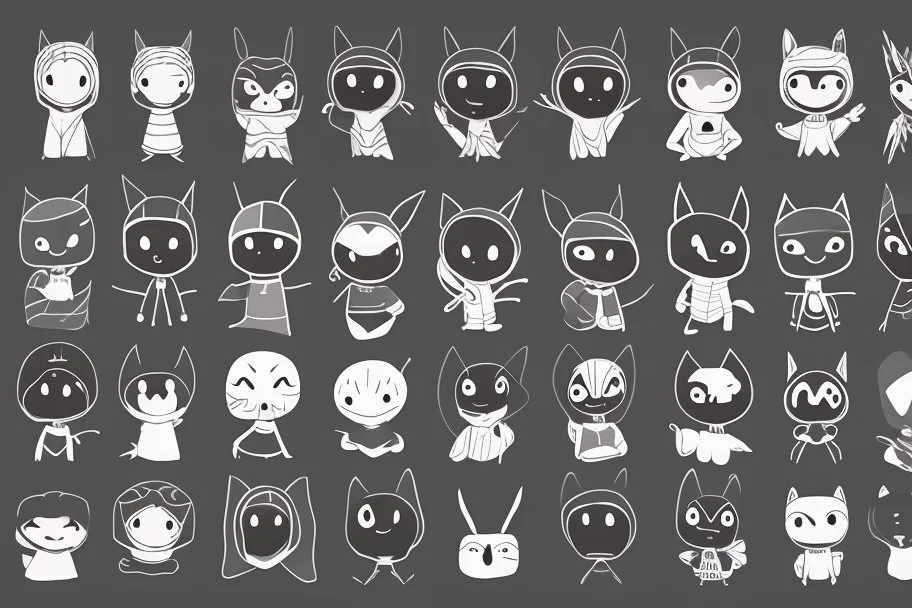 6 simple shaped hand drawn cartoon characters that are cute dark and have hoodies