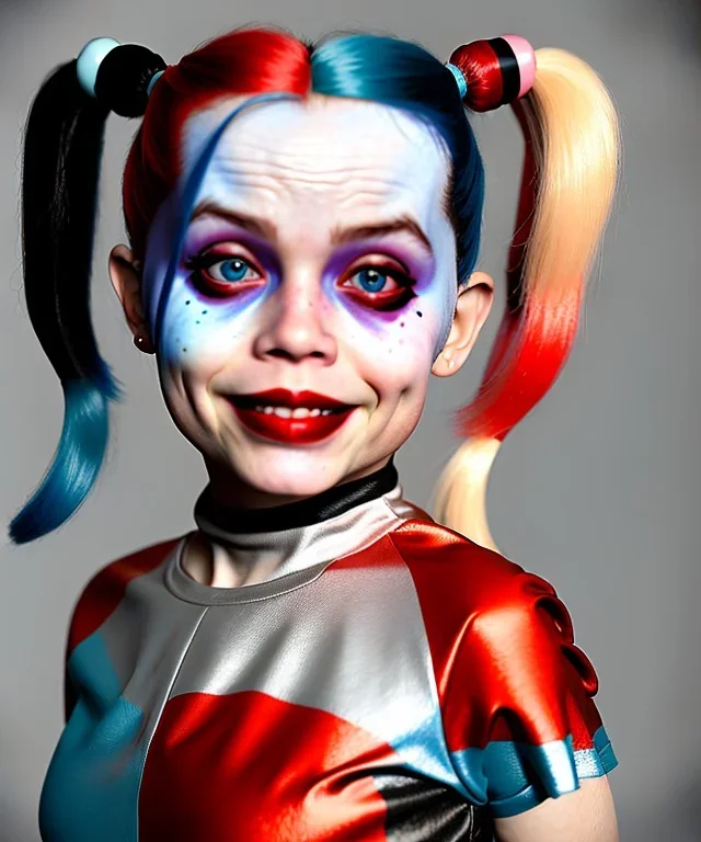 Harley quinn toddler, full body, soft skin, dramatic lighting, hyper realistic