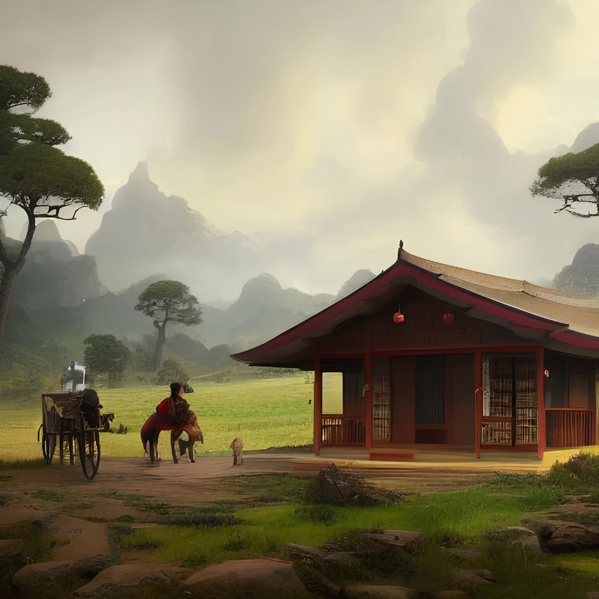 asian little house on the prairie, laura ingalls wilder. asian aesthetic, Fantasy Art, Beautiful, Mysterious, Johan Grenier, Hyper Detailed, National Geographic Photo, Digital Painting, Matte Painting, Hyperrealism,, Detailed and Intricate, Fantasy, Concept Art, Artstation, by Artgerm, by Greg Rutkowski, by John William Waterhouse, by Katsushika Hokusai, by Rossdraws, by wlop