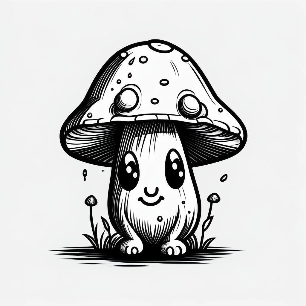 mushroom, black and white, cartoon, drawing, cute, outline, creature, simple