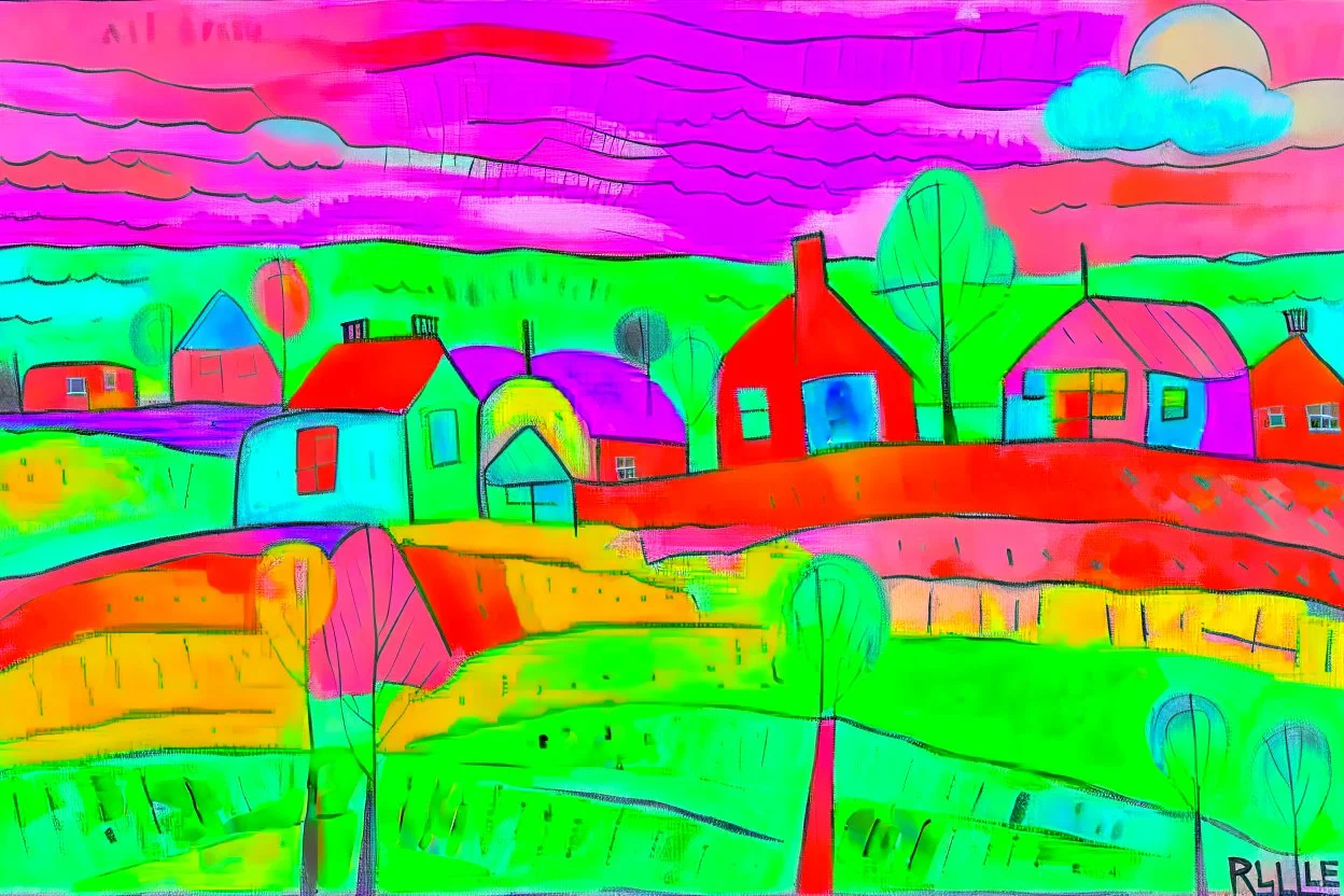 Pastel sketch of English countryside in the style of Paul klee
