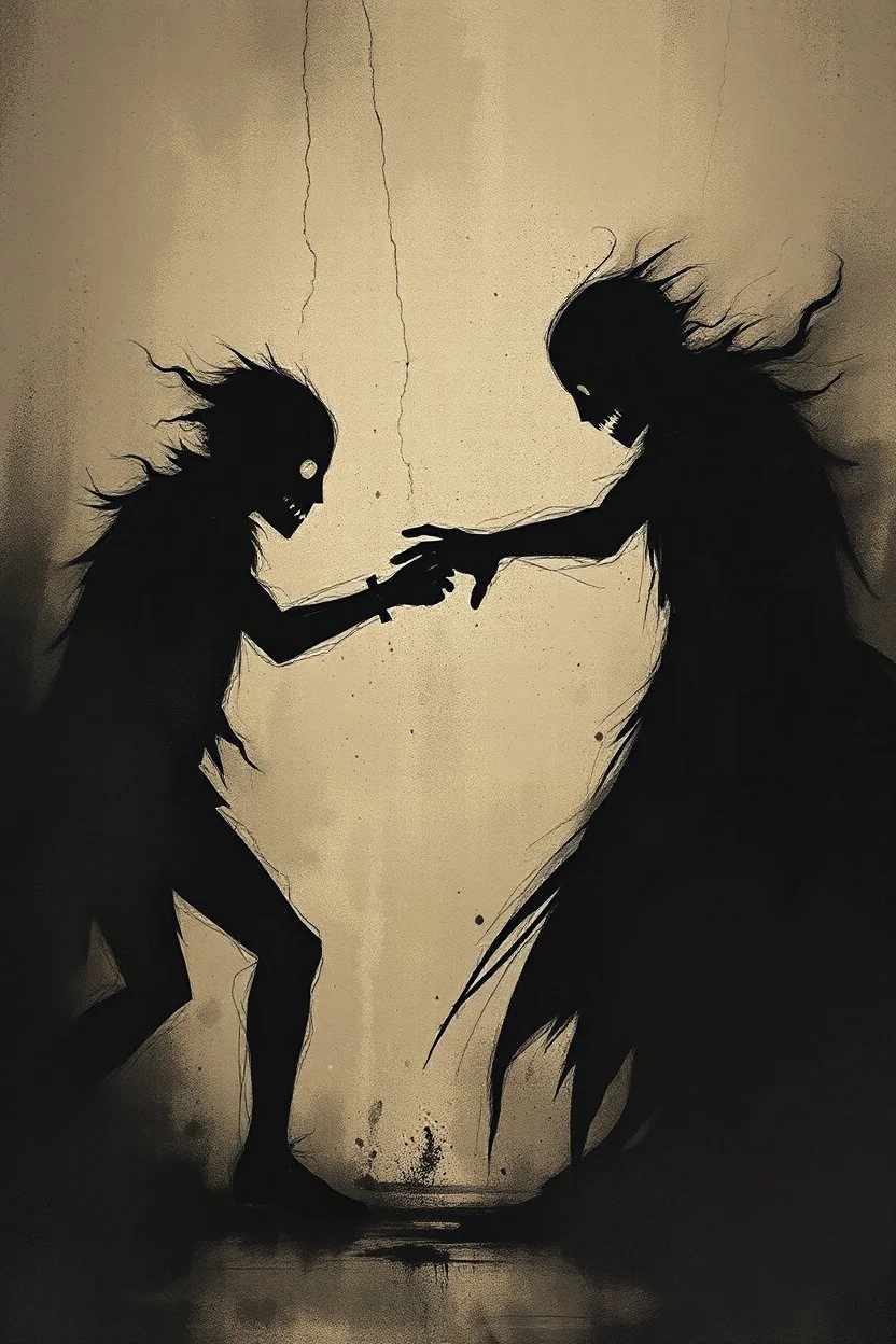 a distressing, abstract image of two shadows preparing to fight to the death