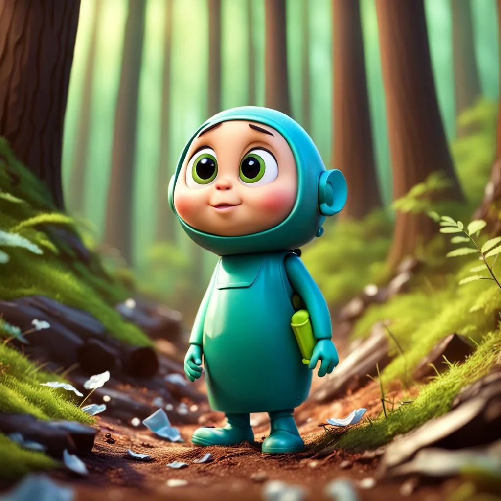 a very little Cute Figure, with cute face, collects trash in the forest, pixar style