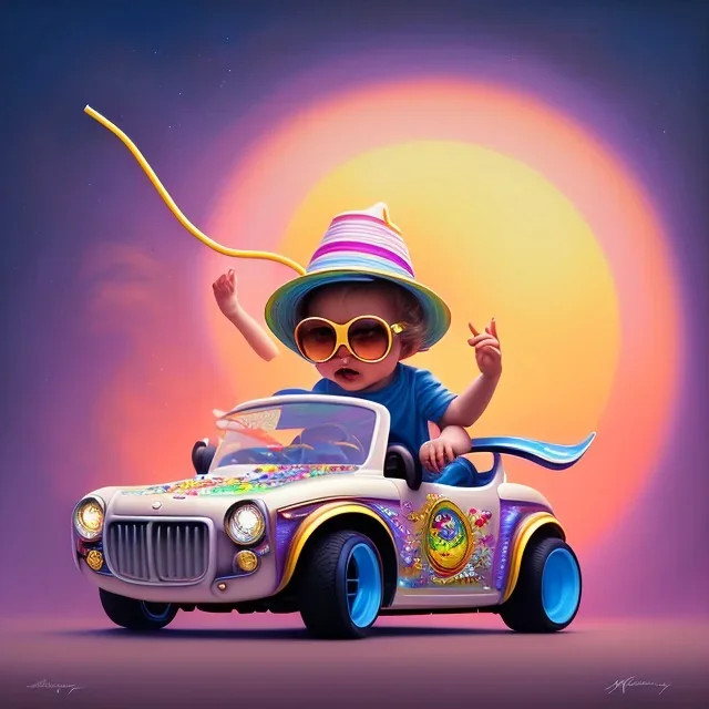 A one-year-old boy rides in the plastic funny toy-car on the middle of a busy street in new york. He has and a large-brimmed straw hat. somehow photographic bright colors and sunset, fantasy art, Anna Dittmann, digital painting, dan mumford, oil on canvas, jeff koons, akihito yoshida, wlop, kodachrome,