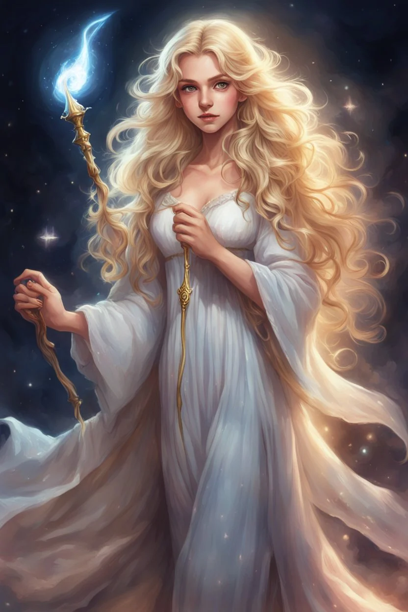 26-year-old sorceress, with long wavy blonde hair that fell over her shoulders, brown eyes, dressed in a long nightgown, carrying a luminous wand in her hand