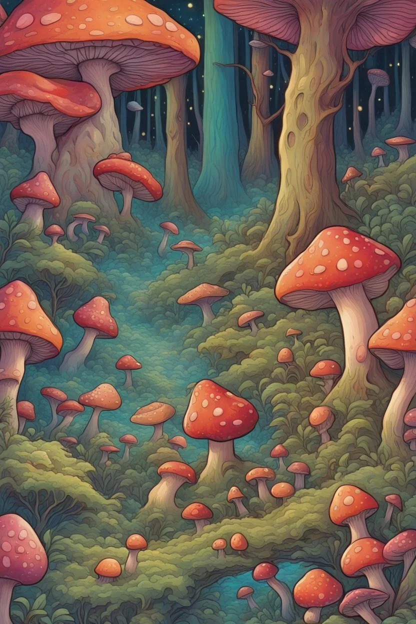 In the heart of the psychedelic forest, where the very air shimmered with vibrant hues and the world seemed to sway to an otherworldly rhythm, Fiona and Deery found themselves consumed by a fit of infectious laughter. The colors of the hallucinatory mushrooms seemed to have woven themselves into their very beings, turning their laughter into a symphony of joy that resonated through the forest. Fiona's laughter was a cascade of crystalline notes, as if each chuckle was a droplet of pure delight.