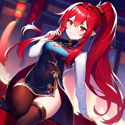 girl, masterpiece, best quality, volumetric lighting, detailed outfit, perfect eyes, red hair, red eyes, long hair, thigh highs, ponytail, chinese clothes, nervous smile,