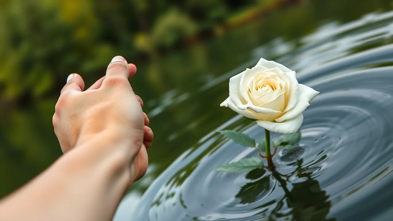 Young woman hand holding man's hand , close a white rose swims on the water, in the blur background a lake, some green trees, ultra detailed, sharp focus, perfect anatomy, perfect hands with fingers, perfect photo