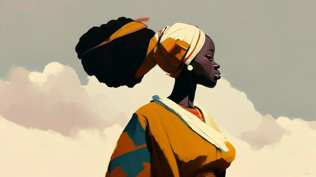 Design, African woman, oil painting, featureless, graphic, drawing without facial features, background, sky, traditional clothes, cartoon, looking left