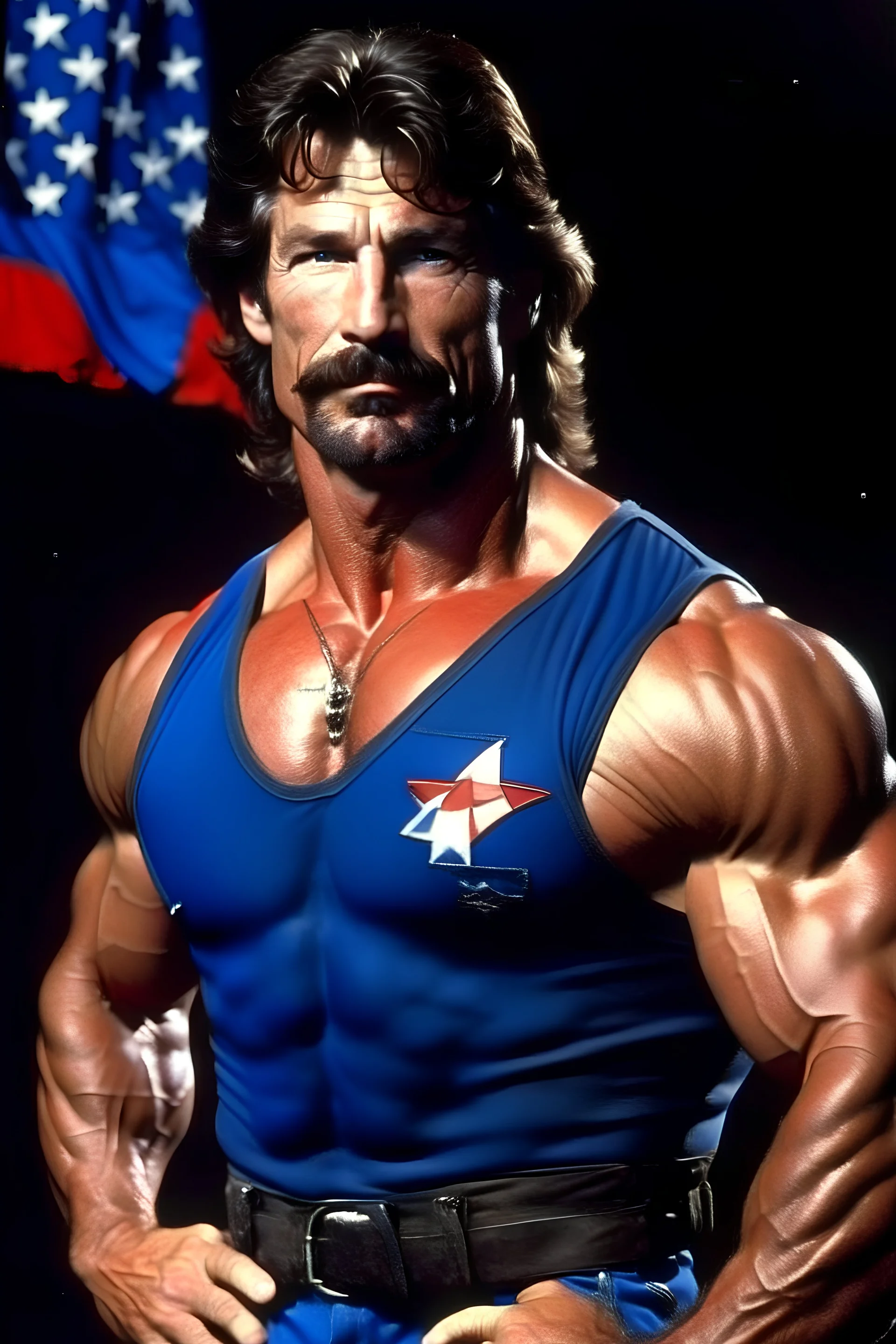 extremely muscular, short, curly, military-style haircut, pitch black hair, with mustache and pointed goatee, Paul Stanley/Elvis Presley/Pierce Brosnan/Jon Bernthal/Sean Bean/Dolph Lundgren/Keanu Reeves/Patrick Swayze/ hybrid, as the extremely muscular Superhero "SUPERSONIC" in an original patriotic red, white and blue, "Supersonic" Super suit with with an America Flag Cape,