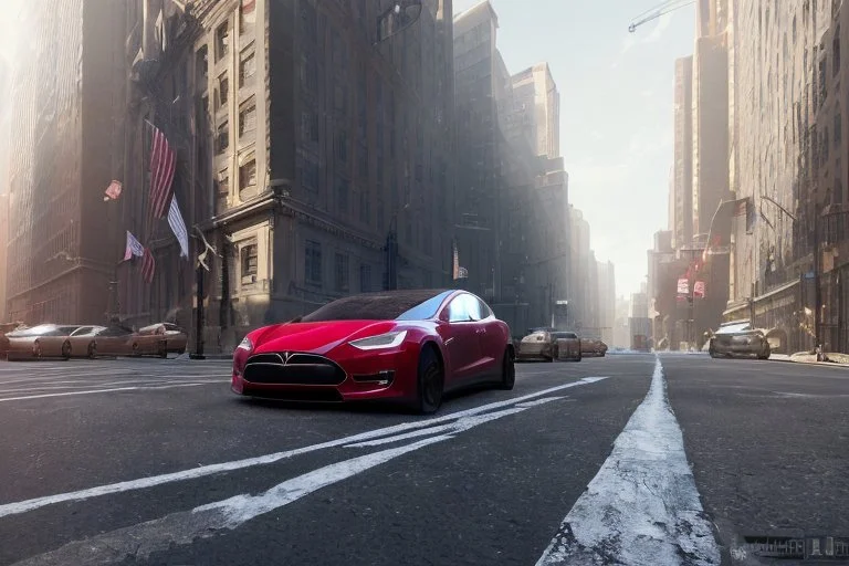 A Tesla 'Model Y' is parked, on 'Wall Street', in New York. (CINEMATIC, WIDE ANGLE LENS, PHOTO REAL)