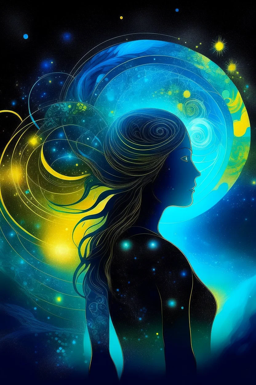 Cosmic Elements and Female Spirituality The image shows a beautiful and gorgeous girl with a current of energy surrounding her. The current is colored in different shades of blue, green, and yellow, creating a dynamic and powerful effect. The girl's silhouette is outlined by cosmic elements, such as stars and planets, which add to the fantasy-like atmosphere. The background is set against a galaxy background, adding a sense of space and adventure. The photo is taken with a high-resolution 4K cam