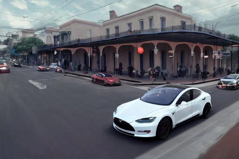 A Tesla 'Model S' is racing at top speed, on the streets of New Orleans. (CINEMATIC, WIDE ANGLE LENS, PHOTO REAL)