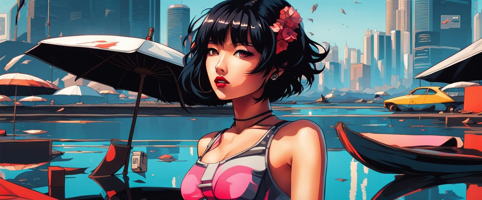 photo-realistic, amazing reflections, wonderful textures, perfect skin, dynamic, cinematic, dramatic, deep low angle: a cyberpunk girl taking selfies on a polluted littered nuclear beach under parasols, everything is shaking by the sound, summer vibe, Akira vibe, Katsuhiro Otomo style, bold vivid colors, sharp shadows, black outlines, very detailed, intricate