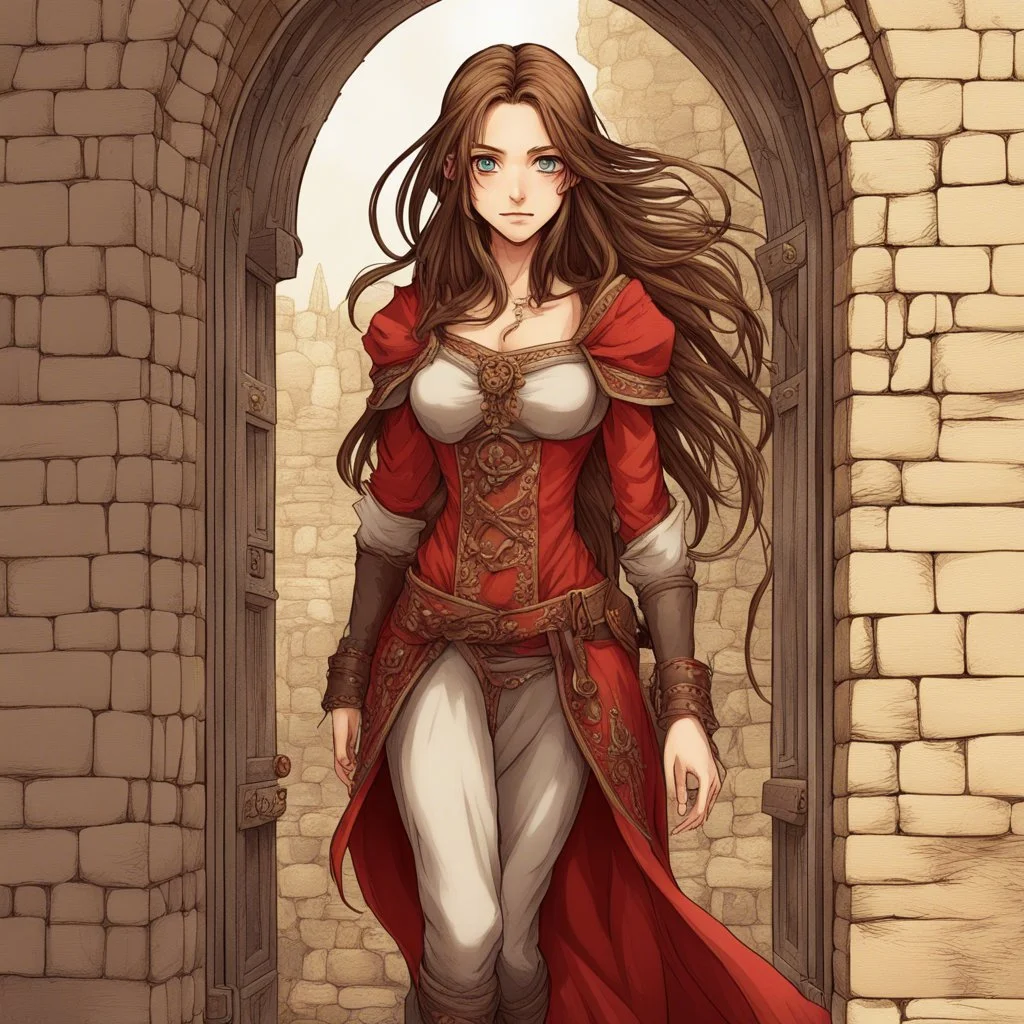 A confident woman with long brown hair and red eyes, stepping out of a portal into a medieval world, colored manga style, intricately detailed