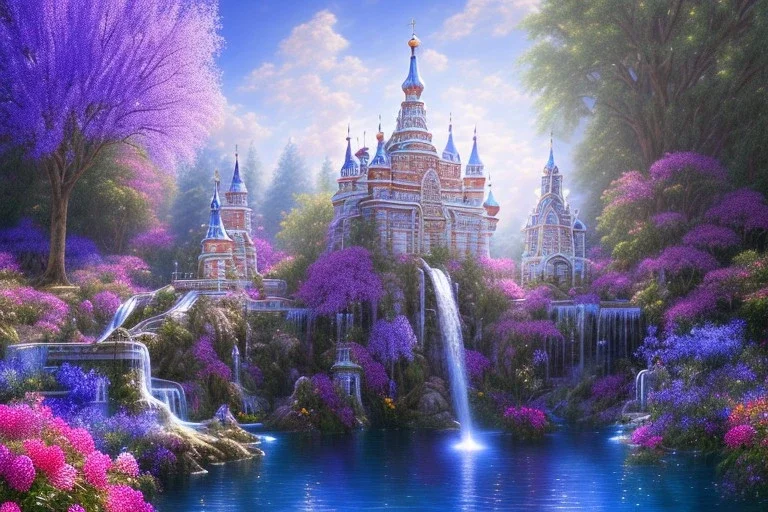 luminous white crystal russian indian castle,fountain, sun,swanns,waterfall, BLUE LAKE, SWANNs,blue bugainvillier flowers, jacaranda violet trees, sky pink blue, full of details, smooth, bright sunshine，soft light atmosphere, light effect，vaporwave colorful, concept art, smooth, extremely sharp detail, finely tuned detail, ultra high definition, 8 k, unreal engine 5, ultra sharp focus