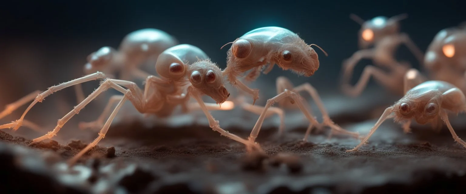 close up on dented glowing transparent ant skeleton rat babies, raised by ninja necromancer in the wild