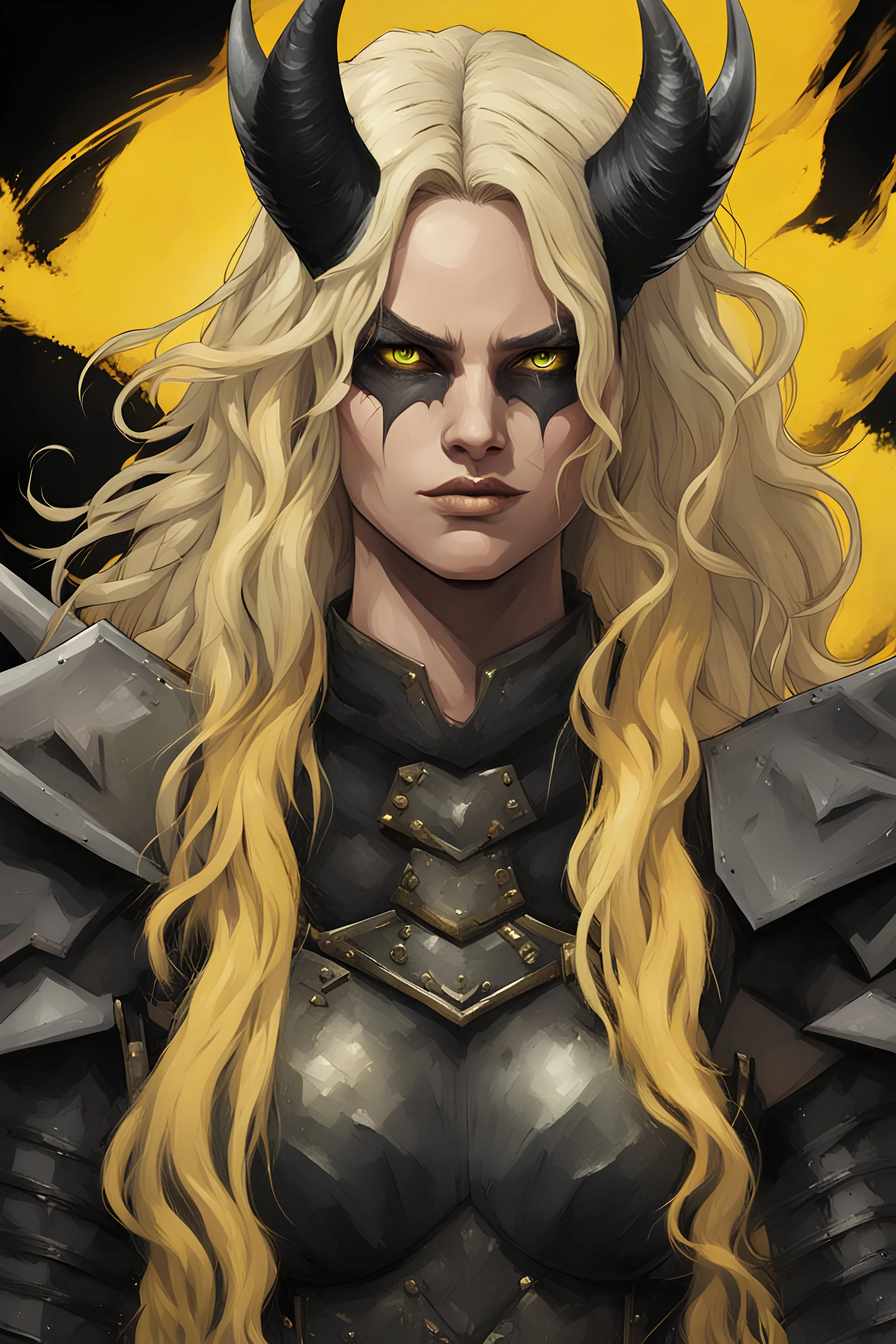 A evil realistic female dark knight with Black sclera, demonic horns and wings, black lips, yellow eyes, long white wavy hair over one eye standing on a battlefield with a evil smile