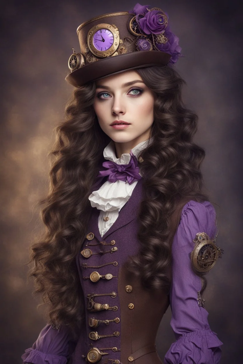 A girl with long, wavy dark brown hair, purple eyes, dressed in steampunk clothes, Nutcracker style