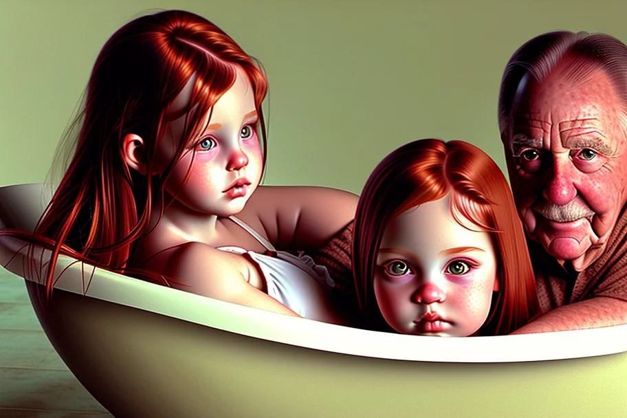 digital art of perfect auburn hair girls with dad in the bedroom in a bathtub with grandpa hugging bare lips