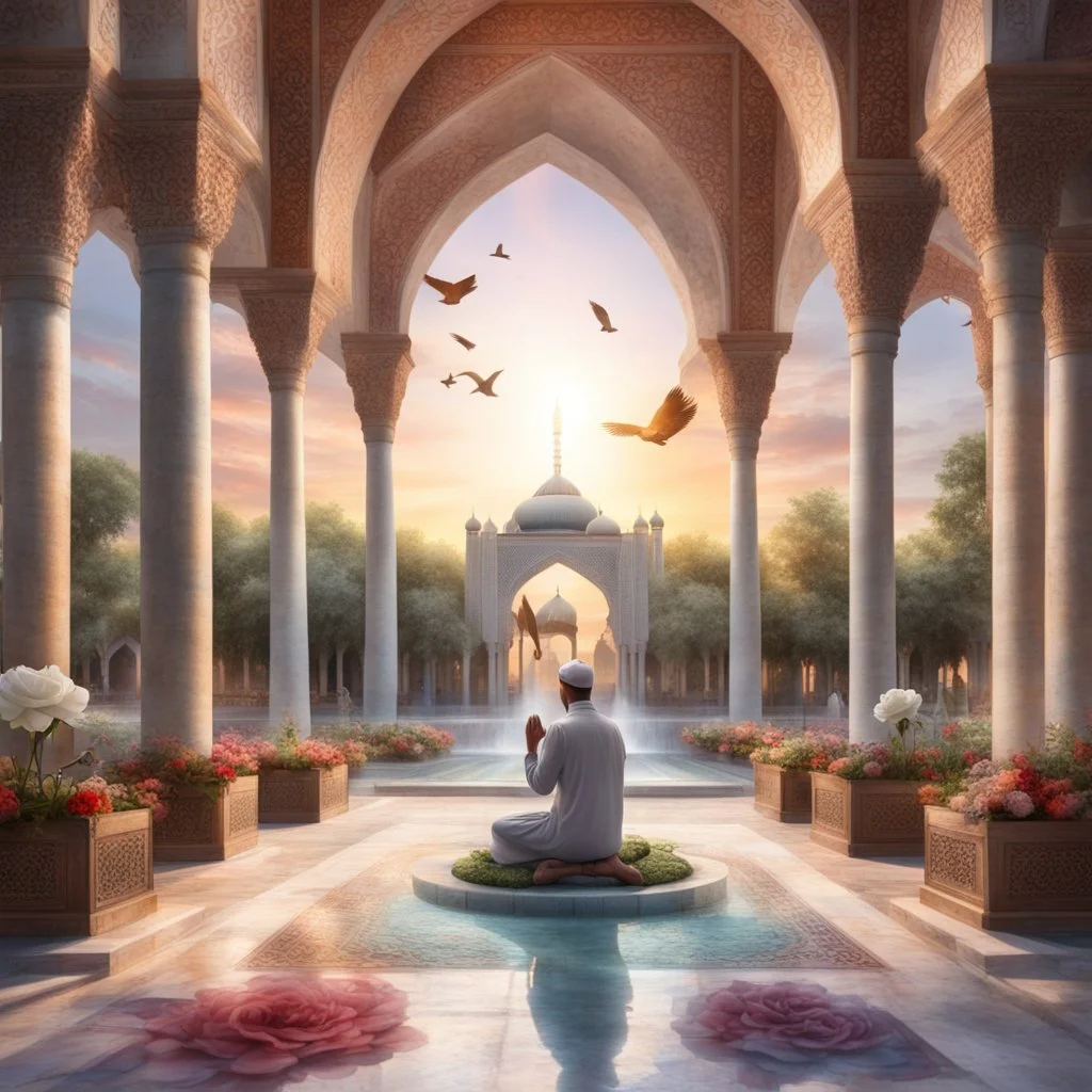 Hyper Realistic people praying in a multicolor rustic textured Mosque with beautiful fountain & white rose garden with beautiful sunset & birds flying