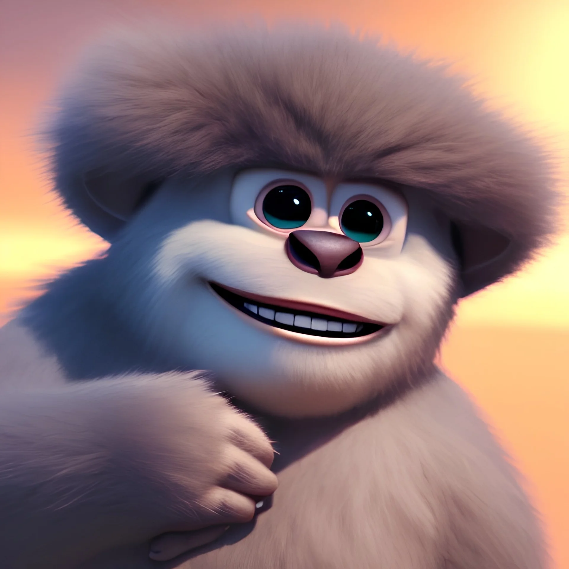 Pixar art style, 3d fluffy ape, closeup cute and adorable, cute big circular reflective eyes, long fuzzy fur, Pixar render, unreal engine cinematic smooth, intricate detail, cinematic