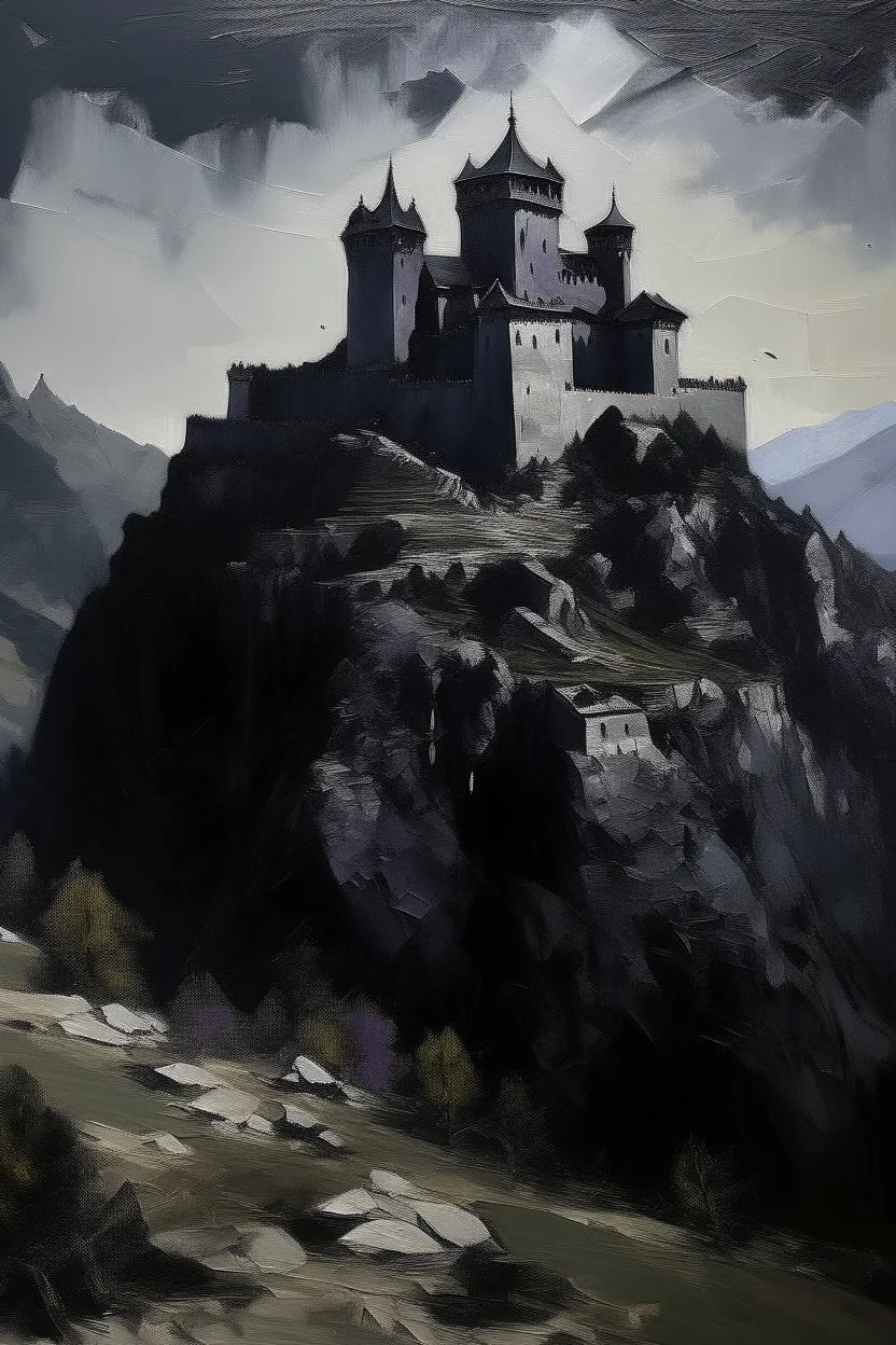 A purplish black fortress on a mountain painted by Karl Wiener