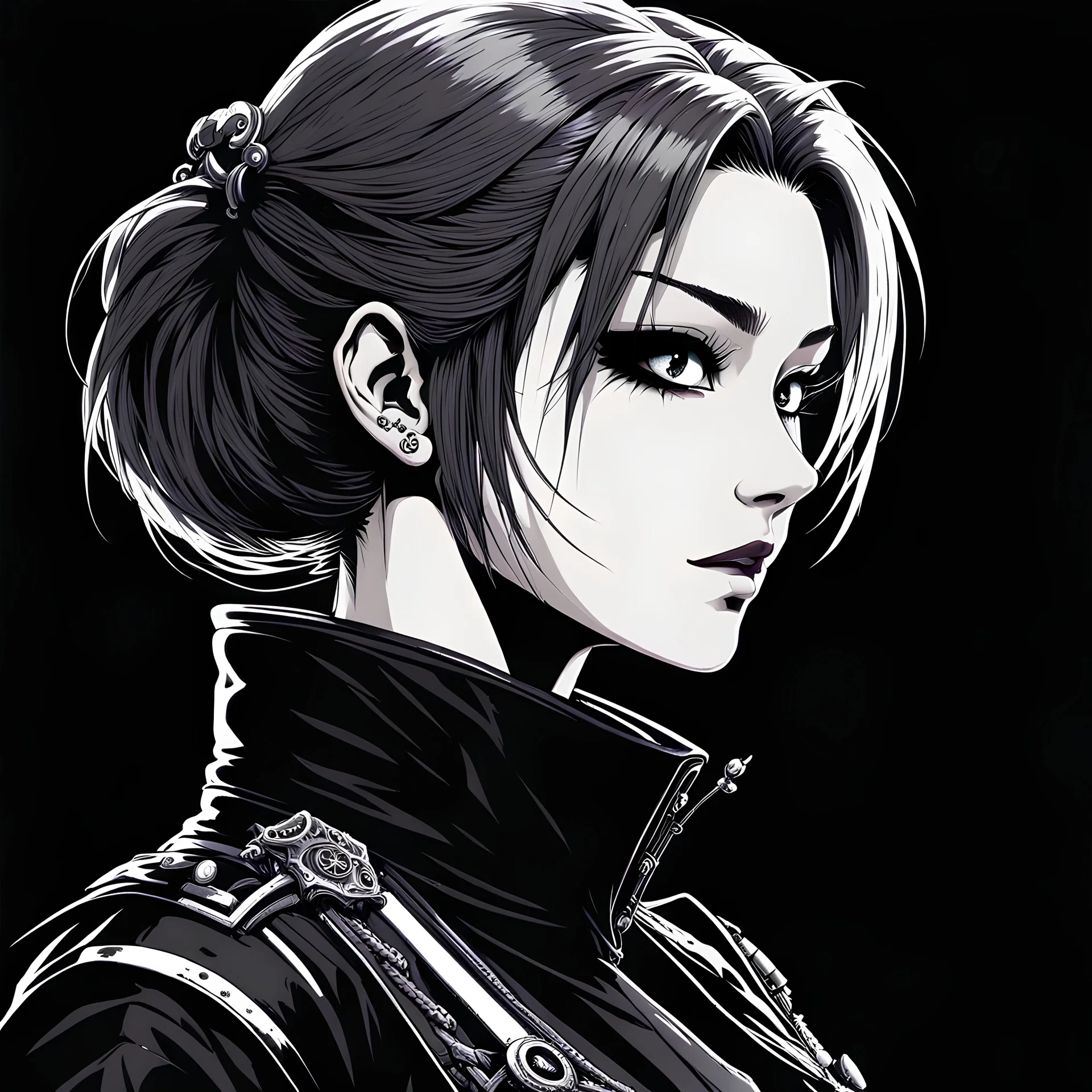 side face,profile picture,2dcg,anime art style,black and white color,princess hair cut ghoul biker lady,pure black color background,gore,violence,Decapitation,dismemberment,disturbing,Monster,guts,morbid,mutilation,sacrifice,butchery,meathooks,no hands,do not draw hands