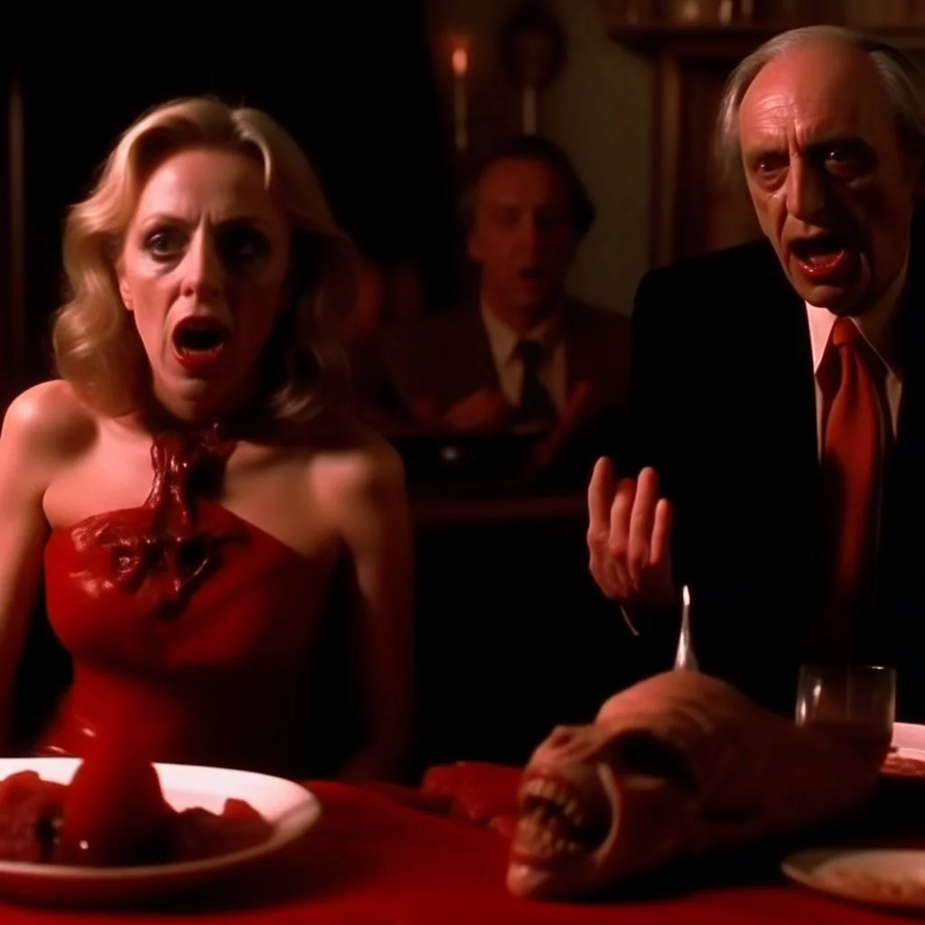 Movie shot, spooky, ultra realistic distress, dining, ultra realistic hot woman, pieces of meat, creepy, organic ail dynamic, anguish, excited woman, hypermaximalist figures, Creepy, Alfred Hitchcock, Sam Raimi, sinister, John Carpenter, Dario Argento, ornate, 4k, photorealism