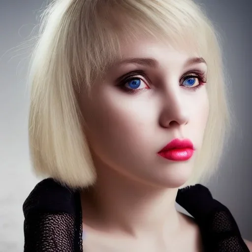 portrait of a cute Russian blonde woman with a long fringe, square face, black eyes and full lips