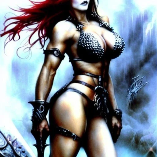 Epic full body picture portrait of busty atletic young beautiful Red Sonja Luis Royo styles