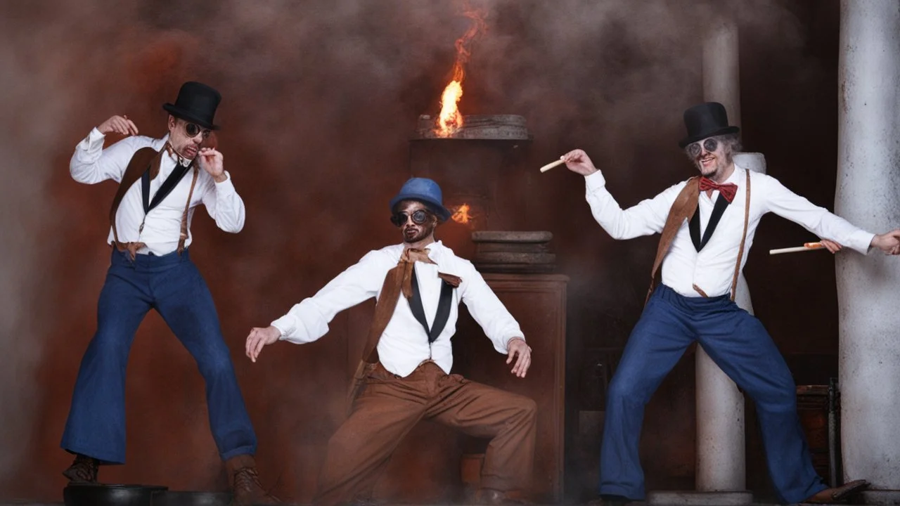 half human half mushroom hybrid men smoking many cigars while dancing