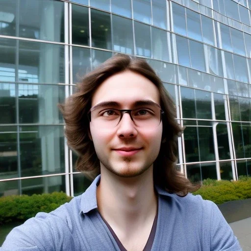 A long haired, male software engineer taking a selfie in front of Building 92 at Microsoft in Redmond, Washington