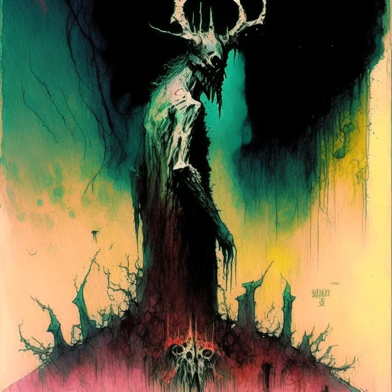 In nomine daemonio de exorcizandis, Hell's mighty Wrath, creepy eldritch aesthetic, violent pastel colors, by Zdzislaw Beksinski, ink and watercolor illustration, saturating inkwash effect, creepy, eerie, scary, heretic symbols, unbalanced, dynamic diagonal composition