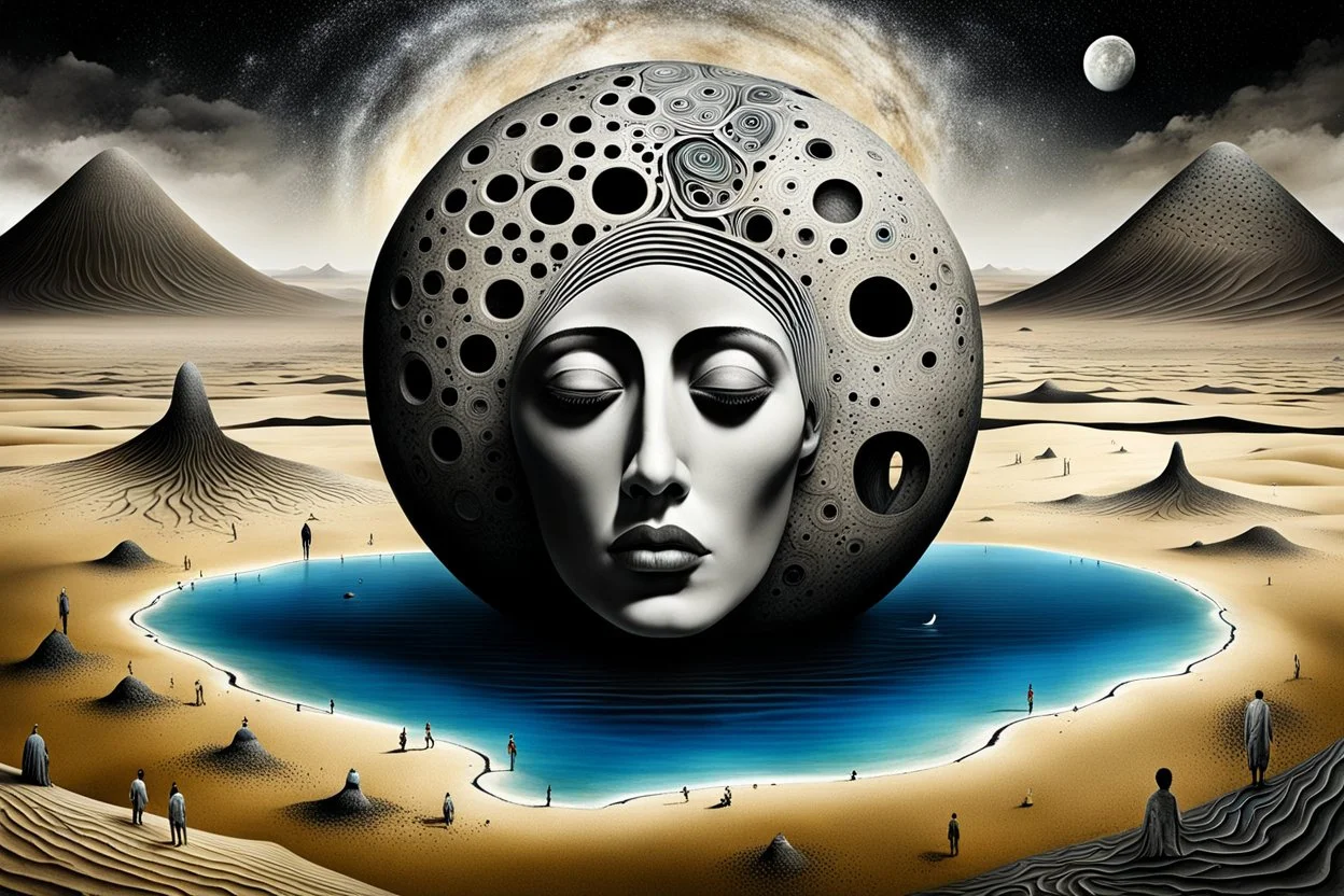 deep absurd nightmare, inner world and dynamics of the uncontrolled mind and soul, center lonely big portrait like one little island in the cold deep Sahara, a surreal cracked painted weird land. Whimsical style of Chagall meets the dark visions of Minjae Lee and Anton Semenov, lonely, sad lives and absurd beauty. The broken, weird inhabitants of this bizarre landscape, rendered in dark gray, purple, black colors, dark dunes, thick layers, impasto paint, background neuro web, surreal vibe
