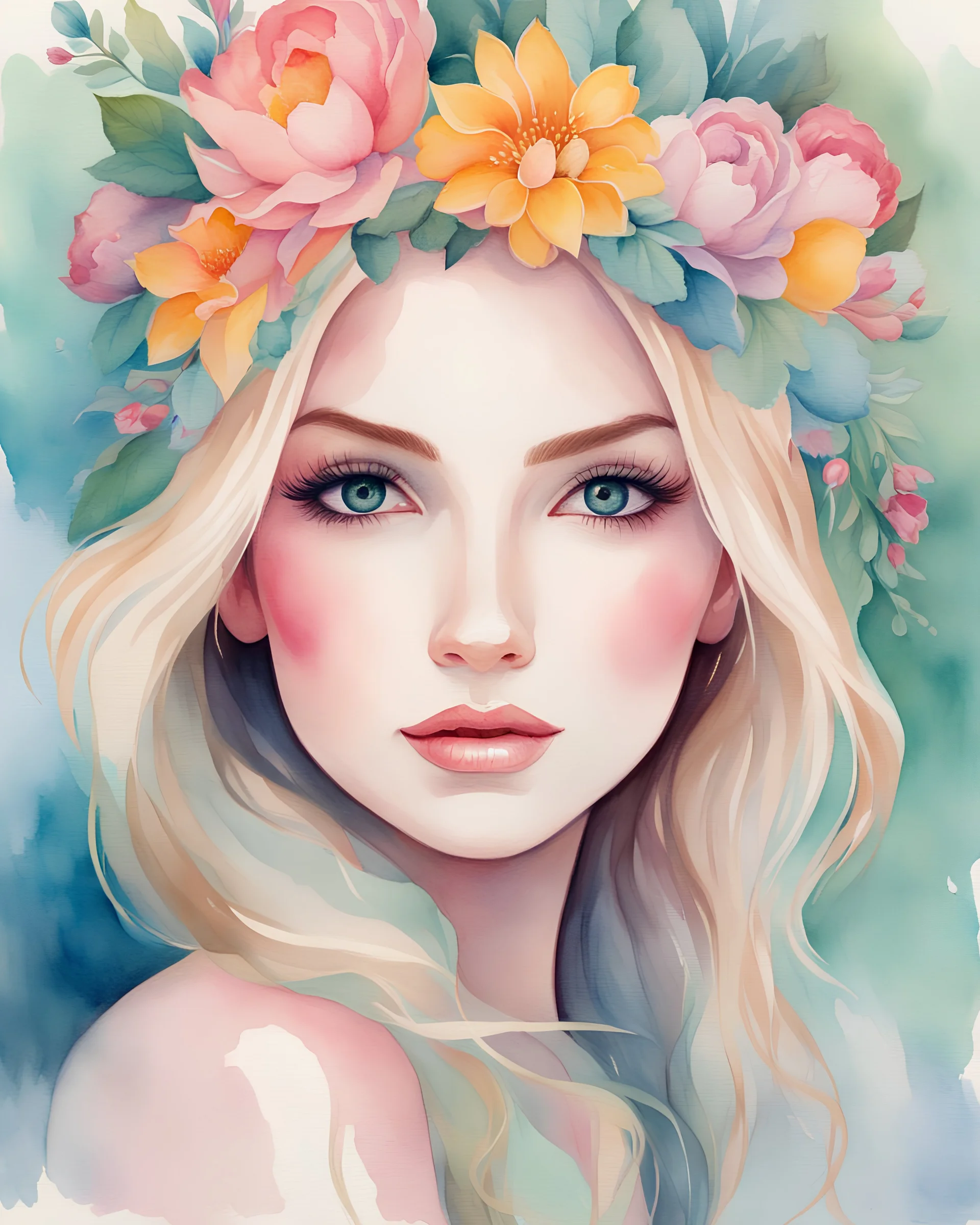 a watercolor painting of a girl with flowers in her hair, colorful watercolor painting, rossdraws pastel vibrant, vibrant watercolor painting, by Jeremiah Ketner, colorful watercolor, flowers on hair, flowers in hair, flower in hair, lotus floral crown girl, girl in flowers, vivid flower crown, watercolor detailed art, girl with a flower head, intense watercolor, colorful illustration, watercolor illustration